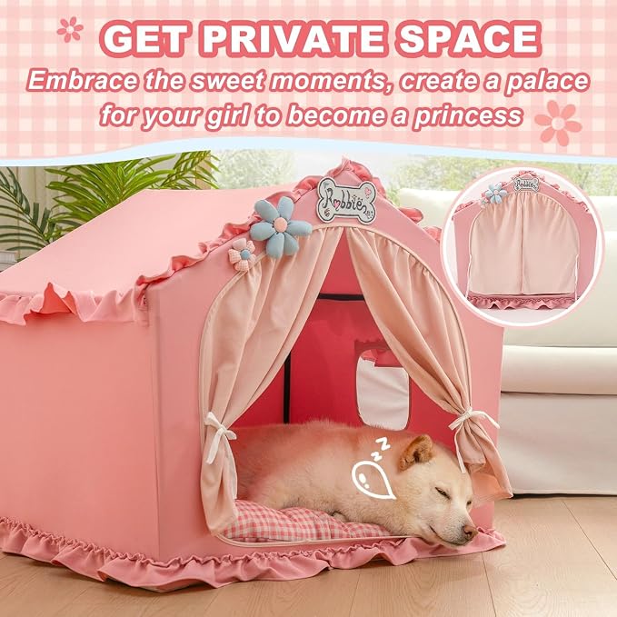 Indoor Dog House with Frame,Cute Dog Tent Bed with Cover Cave,Pink | Breathable,Washable,and Foldable House, Suitable for 22-40 Lb, Large (25"×25"×25"),Inside Dog House - Image 4