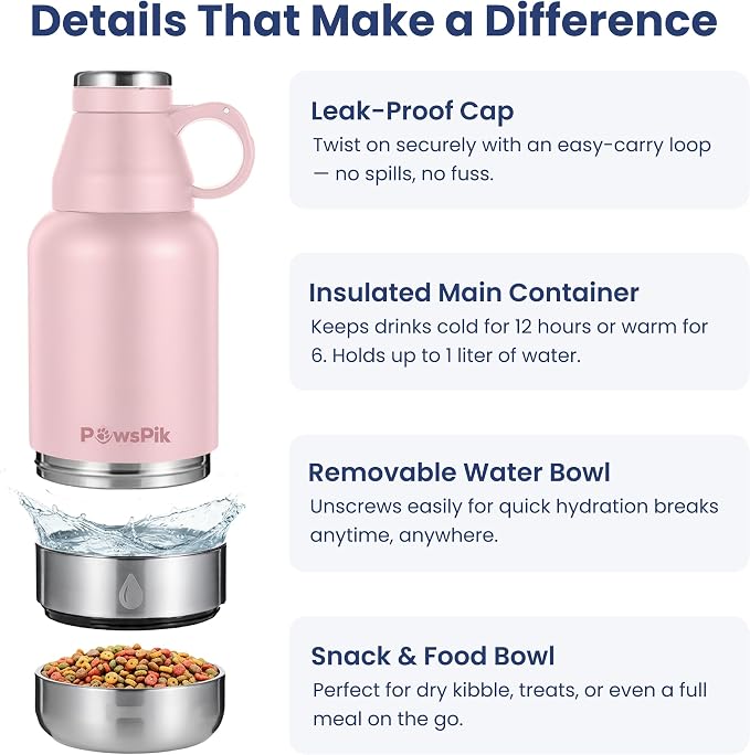 PawsPik 3-in-1 Travel Dog Water Bottle & Bowl Set, 32oz, Pink | Stainless Steel Vacuum-Insulated Bottle with Detachable Food & Water Bowls, Leak-Proof, Keeps Water Cold 12hrs/Hot 6hrs - Image 4