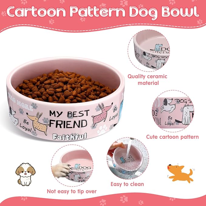Maxcheck 2 Pcs 5 Inch Ceramic Dog Bowls Dishes for Small Dogs Cute Cartoon Pattern Puppy Cat Bowls Heavy Food Water Dishes for Pets Feeding Travel, Dishwasher Safe Microwave Safe(Pink) - Image 3