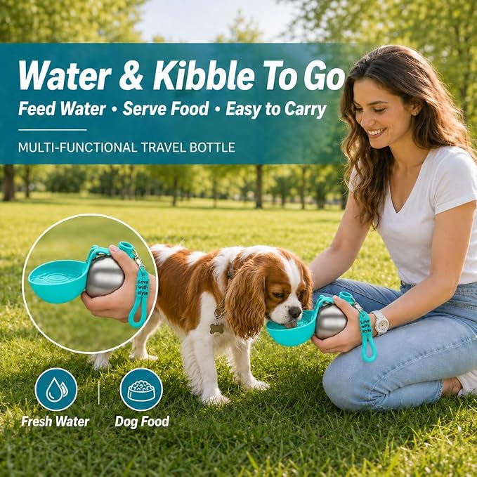 Portable Pet Dog Water Bottle with Silicone Collapsible Bowl, 10 oz Blue | Stainless Steel Pet Travel Dispenser with Rope | Dogs on Walks Hiking Accessories | Puppy Small Pets Essentials - Image 4