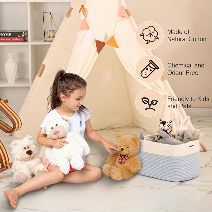 ICERZCZ Woven Cotton Rope Storage Basket for Organizing, Cute Decorative Baskets for Gifts Empty, Organizer Bins for Dog Toy, Baby Laundry, 15“×11”×9.5“, Off White & Blue - Image 6