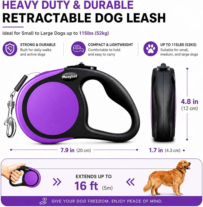Heavy Duty Retractable Dog Leash-16ft Strong & Durable Walking Leash for S to L Dogs up to 45/115 lbs, Upgraded Lock System, Non Slip Grip, Tangle Free (Purple, Medium-Large Sized) - Image 2