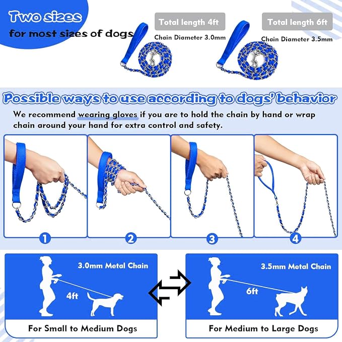 Metal Chain Dog Leash Chew Proof for Dogs, Blue, 3.0mm, 6FT | More Room for Everyday Walks and Outdoor Use, Chew Resistant Chain, Padded Handle, Swivel Clip - Image 5