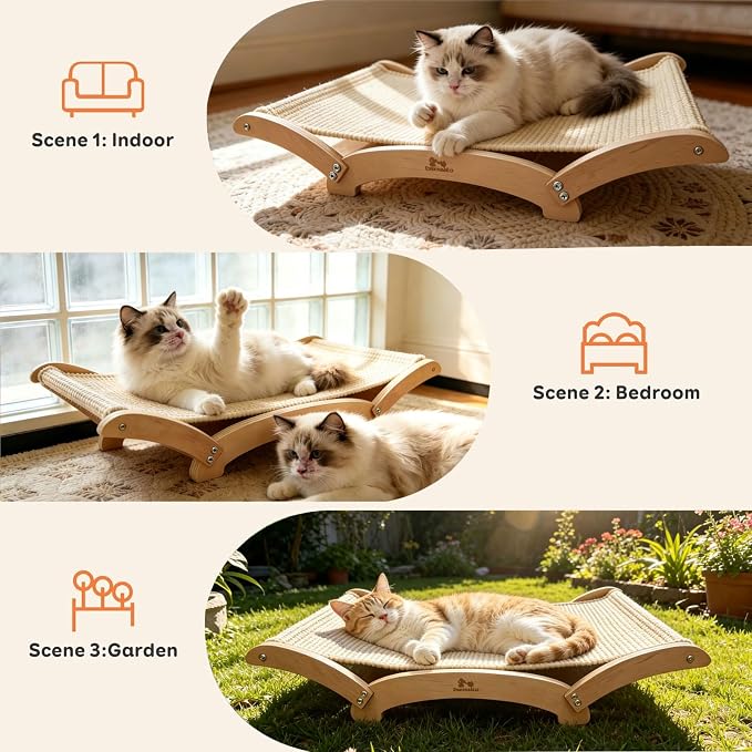 Extra-Large Sisal Cat Scratcher Bed for Indoor Cats, Cat Scratching Post with Hammock Nartural Sisal Scratch Pad for Large Cats Scratcher Lounge Chair, Wooden Cat Furniture (Light Nartural) - Image 5
