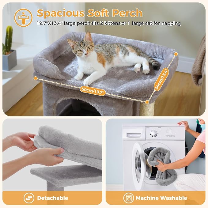 PAWZ Road 26" Cat Tree for Indoor Cats, Small Tower with 19X13”Bed | Cozy Cat Condo with Tall Sisal Posts & Spring Ball, Raised Edge Bed Keeps Cats Secure Compact for Corners or by Window - Image 3