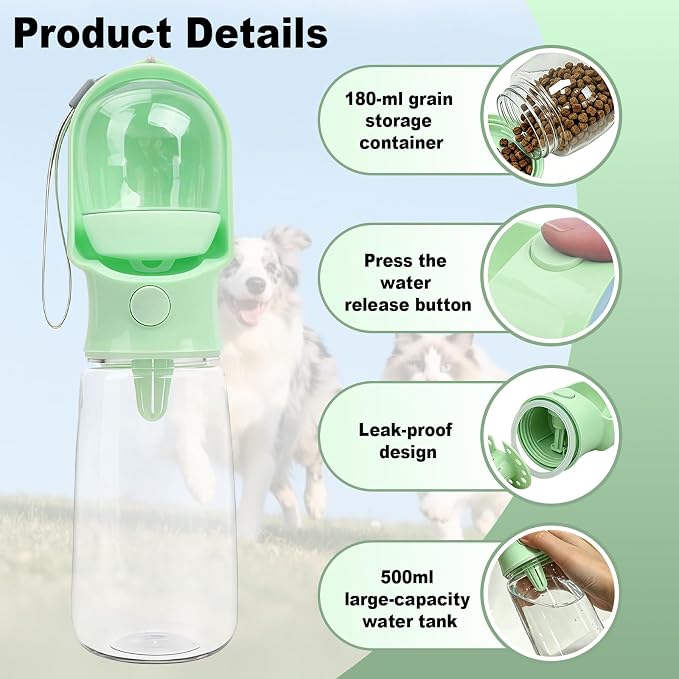 Green Large Portable Dog Water Bottle with Food Container | Travel Dog Water Bowl(500ml),Food Container(180ml),Leak-Proof,2-in-1 Pet Essential Outdoor Supplies for Walks Hikes Campsites - Image 3