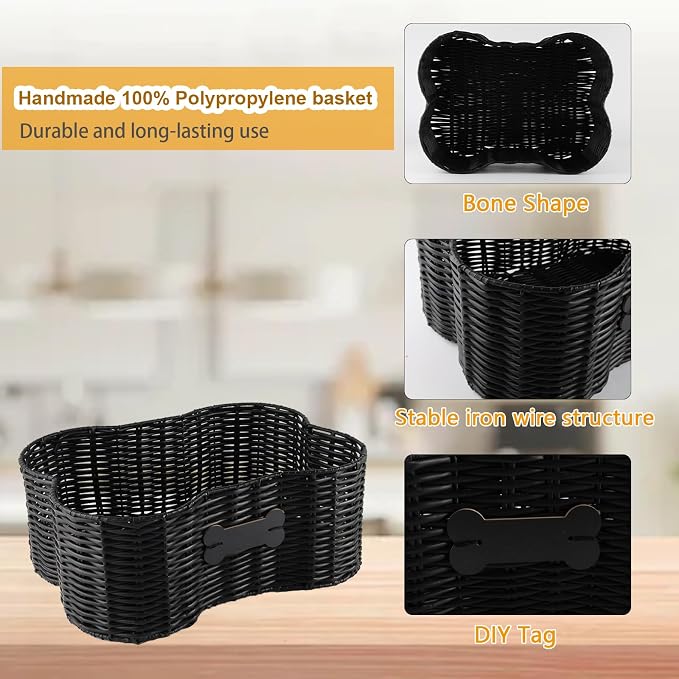Pet Dog Toy Basket,Dog Bone Shape,Wicker Storage Bin for Dog Cat Toys with DIY Tag,Dog Toy Organizer Holder Boxes for Living Room,Handmade Poly Wicker Basket - Image 3