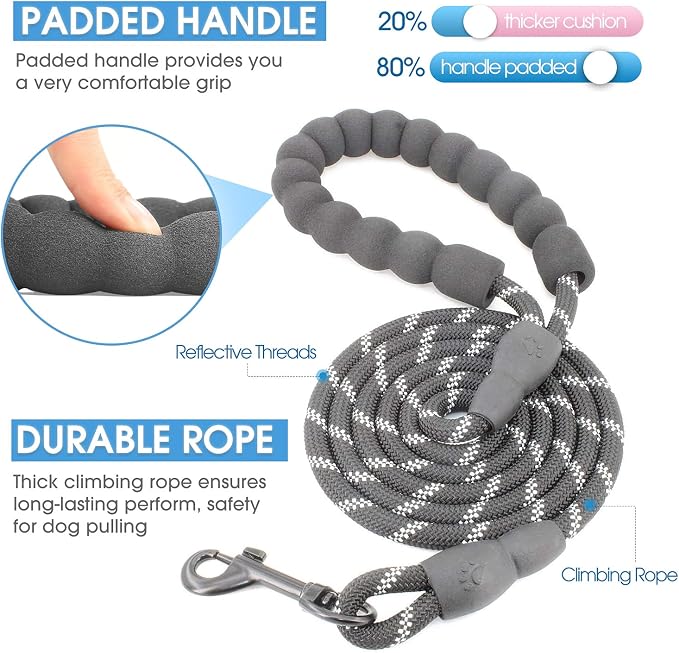 2/4/5/6 FT Dog Leash with Comfortable Padded Handle and Highly Reflective Threads for Small Medium and Large Dogs (5FT-1/3'', Black) - Image 2