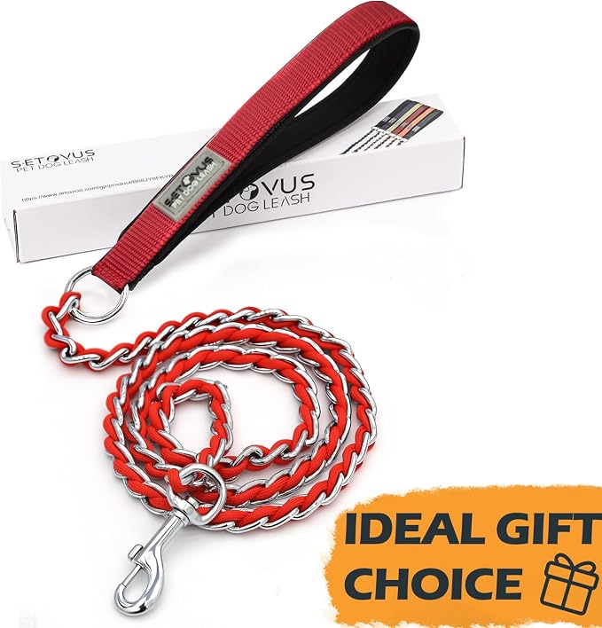 S-ETOVUS-Chain Dog Leash, Bite-Proof Metal Leash, with Padded Handle Red | Three Sizes 7.25FT/5.2FT/4FT, Woven From Nylon Rope And Chain, Durable And Bite-Resistant, Comfortable With Padded Handles - Image 9
