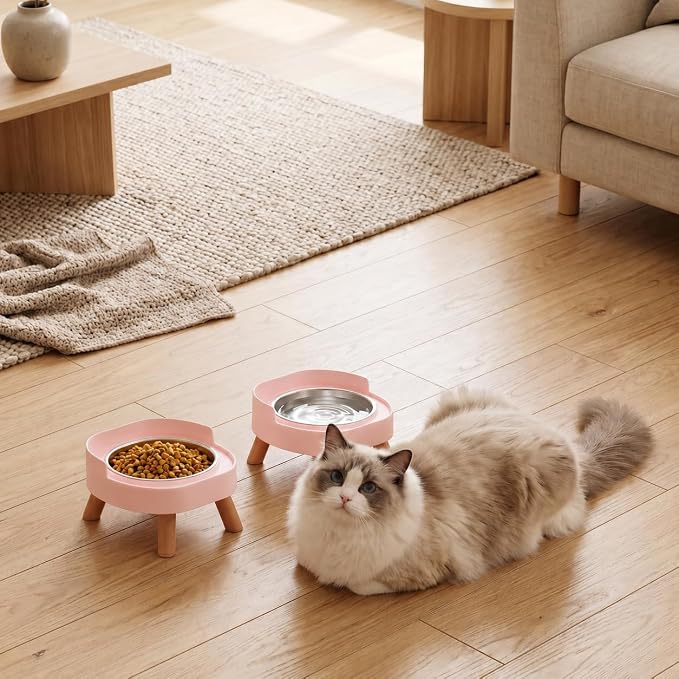 Elevated Cat Bowls, 2P Raised Cat Food and Water Bowl Set for Indoor Cats, Splash Proof with 2 Stainless Steel Pet Food Bowls for Cats ＆ Puppies, Whisker Friendly and Dishwasher Safe - Pink - Image 8