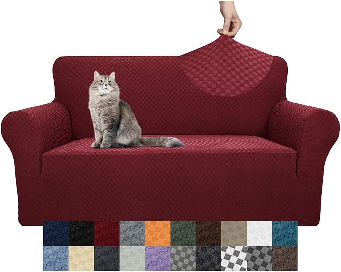 YEMYHOM Couch Cover Latest Jacquard Design High Stretch Sofa Covers for 2 Cushion Couch, Pet Dog Cat Proof Loveseat Slipcover Non Slip Magic Elastic Furniture Protector (Loveseat, Christmas Wine Red) by YEMYHOM