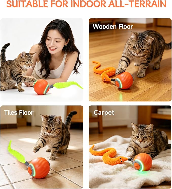 Interactive Cat Toy Ball - Automatic Moving Cat Ball for Indoor Cats with 3 Tails, Rechargeable Silent Kitten Toy for Boredom & Exercise, Rolling Ball Toy with 2 Modes & 2 Speeds. - Image 6