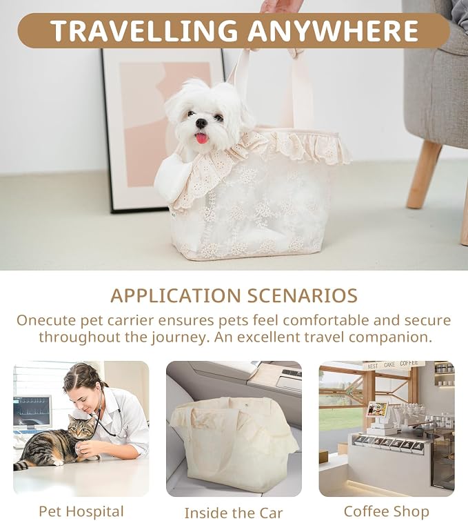 ONECUTE Dog Carrier for Small Dogs Rabbit cat with Lace Design, Cotton Bag, Dog Carrier Soft Sided, Collapsible Travel Puppy Carrier (Beige, 13" L x 6.7" W x 10.6" H) - Image 7