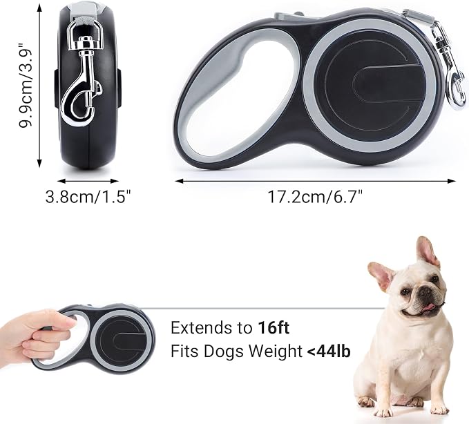 Segarty Retractable Dog Leash, 16ft Heavy Duty Walking Dog Leash for Medium Small Dogs up to 44lb, Anti-Slip Handle 360°Tangle-Free Nylon Tape, One-Handed One Button Lock and Release (Gray) - Image 2