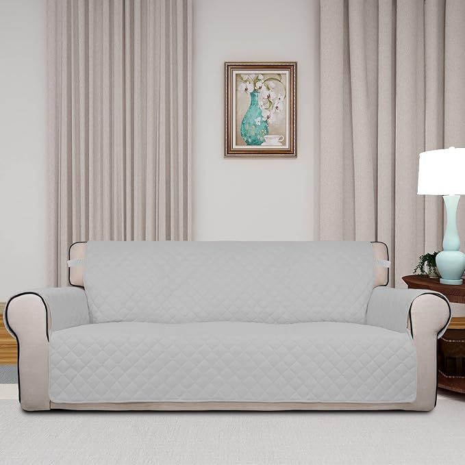 PureFit Reversible Quilted Couch Covers for Dogs Oversized Sofa Cover 78” | Light Gray/Ivory, Water Resistant Couch Protector, Washable Pet Couch Cover with Non Slip and Elastic Straps For Kids - Image 2