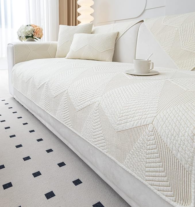 vctops Cotton Quilted Couch Covers for Sectional Sofa (Cream,43"x94") | Geometric Washable Non Slip Sofa Slipcover for Dogs, Children, Pets Furniture Protector Cover by vctops