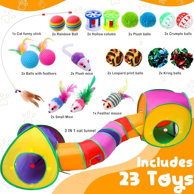 21 Pcs Cat Tunnels for Indoor Set, 3 In1 Collapsible Cat Tunnel Toy with Cube Tent Toys Combo and 20 Pcs Interactive Kitty Toys Feather Toy Fluffy Mouse Crinkle Balls for Kitten Puppy - Image 2