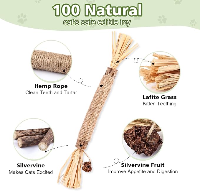 WOUSEDO 8 Pack Catnip Chew Toys for Cats, Cotton Sisal Rope Toys | Cat natural silvervine sticks, for cat teeth cleaning and dental care, Interactive toy for bored Indoor cats - Image 2