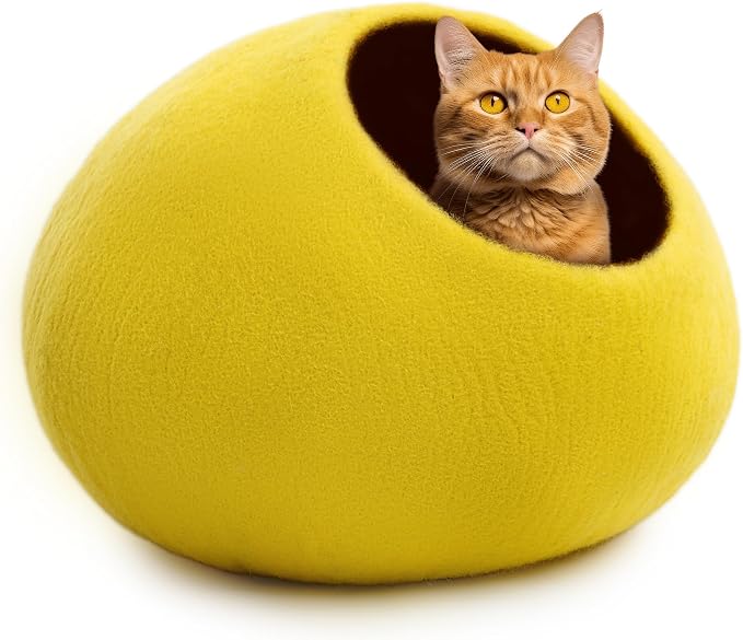 Luxurious Merino Wool Cat Cave - Foldable Hideaway Pod for Indoor Cats - Premium Felt Kitten Pet Enclosure - Covered Cat House for Ultimate Cozy Comfort by Woolygon (Yellow Plain) by Woolygon