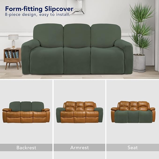 PureFit Super Stretch 3 Seats Recliner Sofa Couch Cover with Pocket | Non Slip Soft Sofa Slipcover, Washable Spandex Reclining Furniture Protector for Kids, Pets (Recliner Sofa, Grayish Green) - Image 4