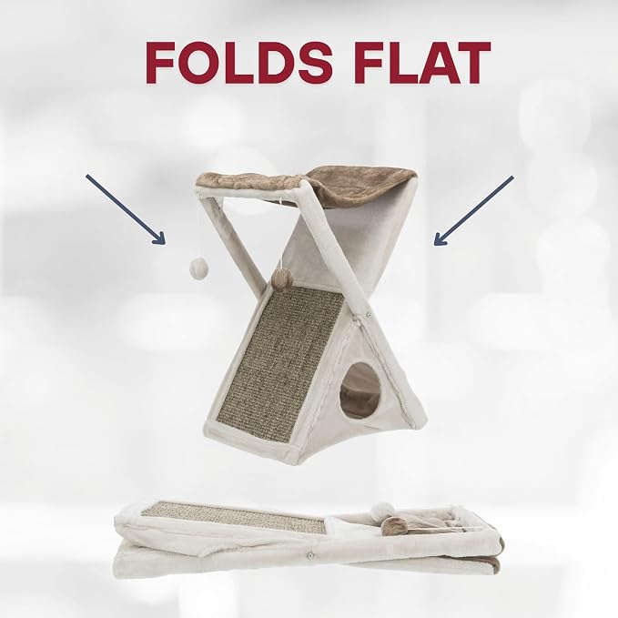TRIXIE Miguel Fold and Store Cat Hammock, Indoor Cat Furniture with Dangling Toys, Scratching Pad, and Cave, Taupe/Light Gray - Image 5