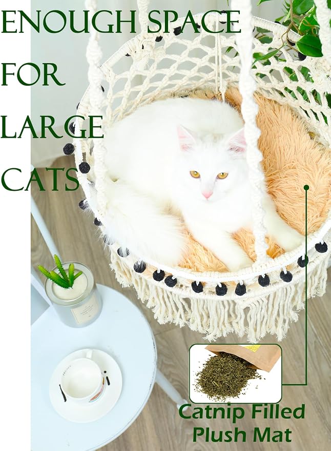 KARCEEY Macrame Cat Hammock - Hanging Cat Bed for Wall & Window - Boho Swing with Full Hardware Kit & Nip Toy - Stable Heavy Duty Design for Large & Senior Felines up to 60lbs - Image 4