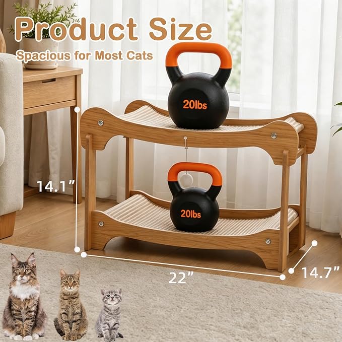 Two-Tier Sisal Cat Scratcher Bed, Solid Cats Scratching Post Hammock Lounge for Indoor Cats, Comfortable Cat Bed Natural Sisal Scratch Pad for Cats Scratcher Lounge, Sturdy Wooden Cat Furniture - Image 5