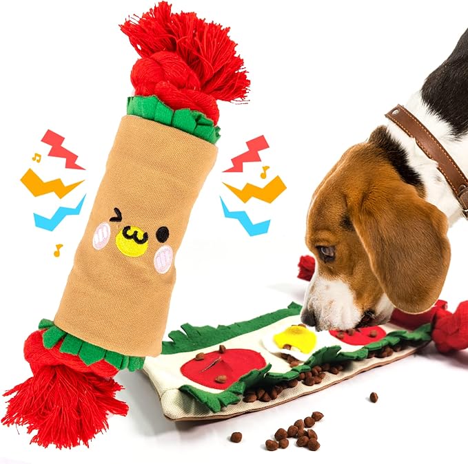 lilfrd Burrito Snuffle Mat Dog Toy, Squeaky Crinkle Rope Puzzle Taco Toy | Treat Dispensing, Boredom Relief, Suitable for Small Medium Dogs by Lilfrd