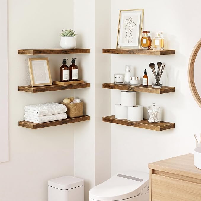 Fixwal Floating Wall Shelves for Decor (Rustic Brown, Set of 6, 15.7 Inch) | MDF Shelves with Metal Brackets, Space Saving for Books, Decor, Works in Bathroom, Kitchen, Living Room, Bedroom - Image 2