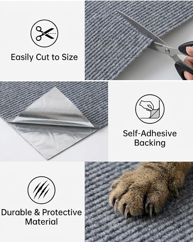 Corner & Wall Cat Scratch Mat, Self-Adhesive Trimmable Cat Scratcher, Wall Mounted Scratching Pad for Indoor Cats, Sofa Furniture Protector, Cat Post Cover Replacement (Grey, 23.6''x11.8'', 3-Pack) - Image 3