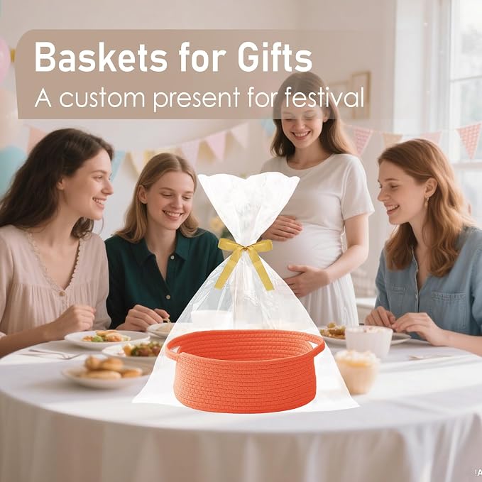 JMvicyroam Small Woven Basket, Empty Gift Basket, Orange/3 Pack | Small Gift Basket, Cotton Rope, 12 x 8 x 17 in, Handles, Includes Ribbon and Bag, Birthday Gift Basket - Image 4
