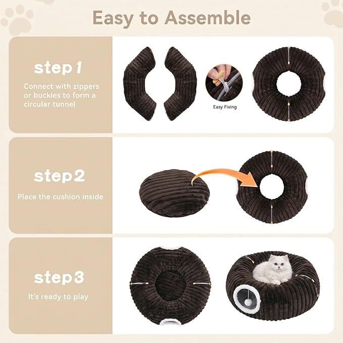 Dogpals Cat Tunnel Bed Cave 33" Lx10 Wx10 H for Indoor Cats (Coffee) | Washable Cozy Cushion, Soft Striped Plush Fabric, Hideaway Peekaboo Cave for Kittens, Puppies, Rabbits & Small Pets - Image 5