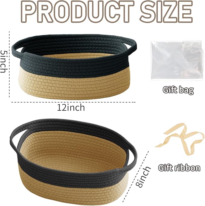 JMvicyroam Small Woven Basket, Empty Gift Basket, Black&Jute/1 Pack | Small Gift Basket, Cotton Rope, 12 x 8 x 81 in, Handles, Includes Ribbon and Bag, Birthday Gift Basket - Image 2
