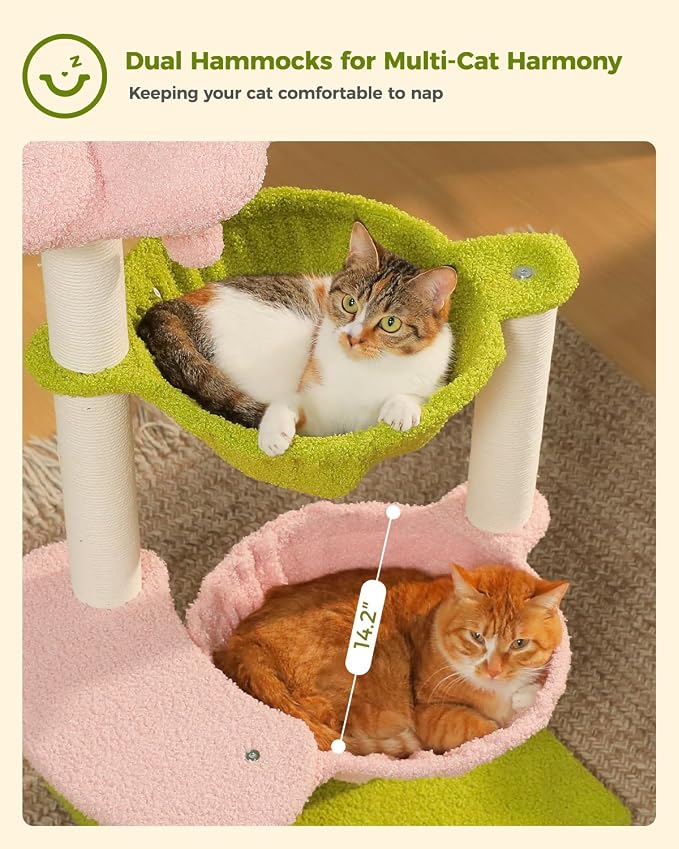 37.4" Flower Cat Tree with 2 Hammocks & 6 Sisal Posts, Pink | Flower top perch, 2 spacious hammocks, 6 sisal posts, Cute small tower, For indoor kittens, Sturdy build - Image 3