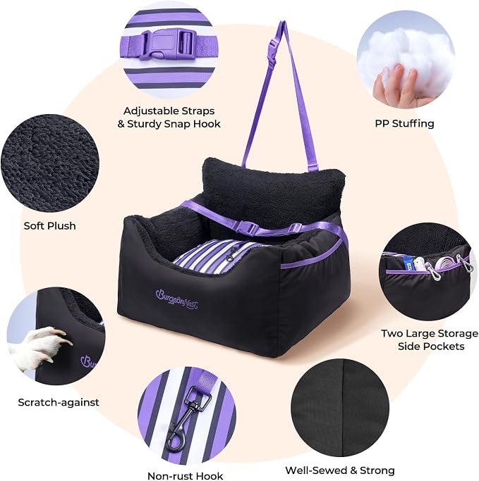 BurgeonNest Dog Car Seat for Small Dogs & Cats Under 25 lbs, Black Purple - Image 8