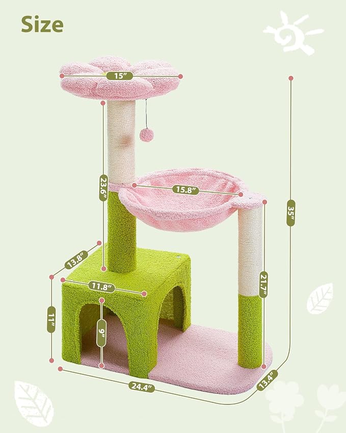Flower Cat Tree with Large Metal Frame Hammock, 35" Cute Cat Tower with Sisal Scratching Posts for Small Indoor Cats, Cat Condo with Pink Top Perch for Kittens, Pink | Flower-shaped top perch, Metal frame hammock, Sisal scratching posts, Cozy pink cond... - Image 7