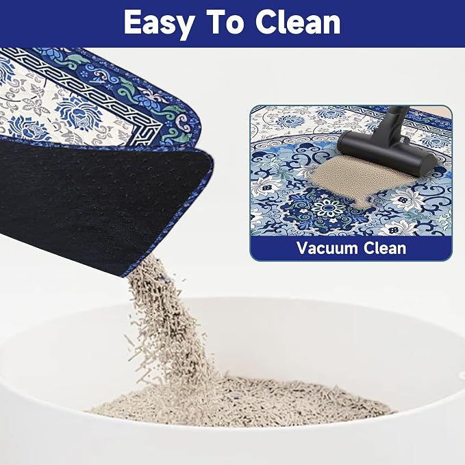 Cat Litter Mat, Reusable Kitty Litter Trapping Mat 2 PCs, 35"x35" Washable Litter Mats for Cats, Waterproof & Non-Slip Compatible with Cat Box (Indigo Blue Medallion, 35"x35"(2 PCS)) - Image 4