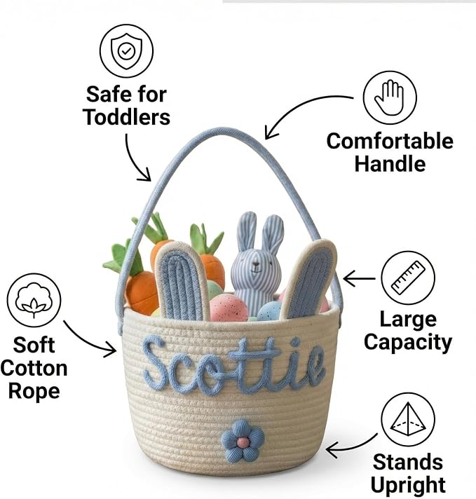 MBBEST Personalized Easter Bunny Basket - Custom 3D Name Cotton Rope Easter Bucket with Cute Ears & Plush Charm, Hand-Woven Easter Egg Hunt Bag, Unique Gift Storage for Kids Toddlers Boys Girls - Image 4