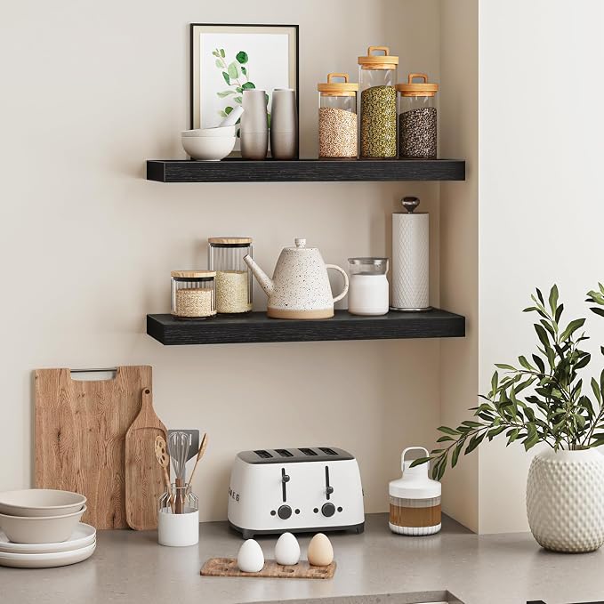 Fixwal Floating Wall Shelves for Decor (Black, Set of 2, 22Inch) | MDF Shelf with Metal Brackets, Space Saving for Books , Decor, Fits Bathroom, Kitchen, Bedroom, or Office - Image 5