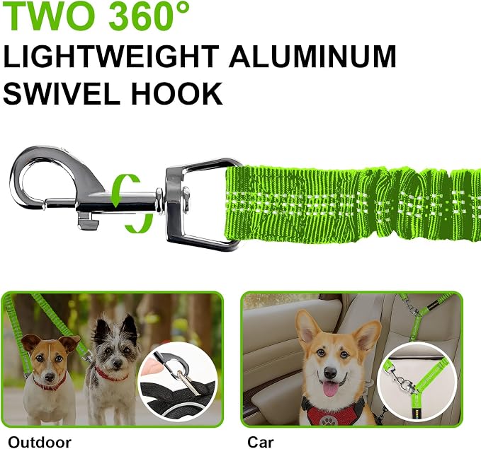 MingXpet 2 Dog Leash, Dog Leash for 2 Dogs, 360° Swivel No Tangle Double Walking Training Leashes for Large Dogs that Pull, Comfortable Shock Absorbing Reflective Bungee, Green - Image 3