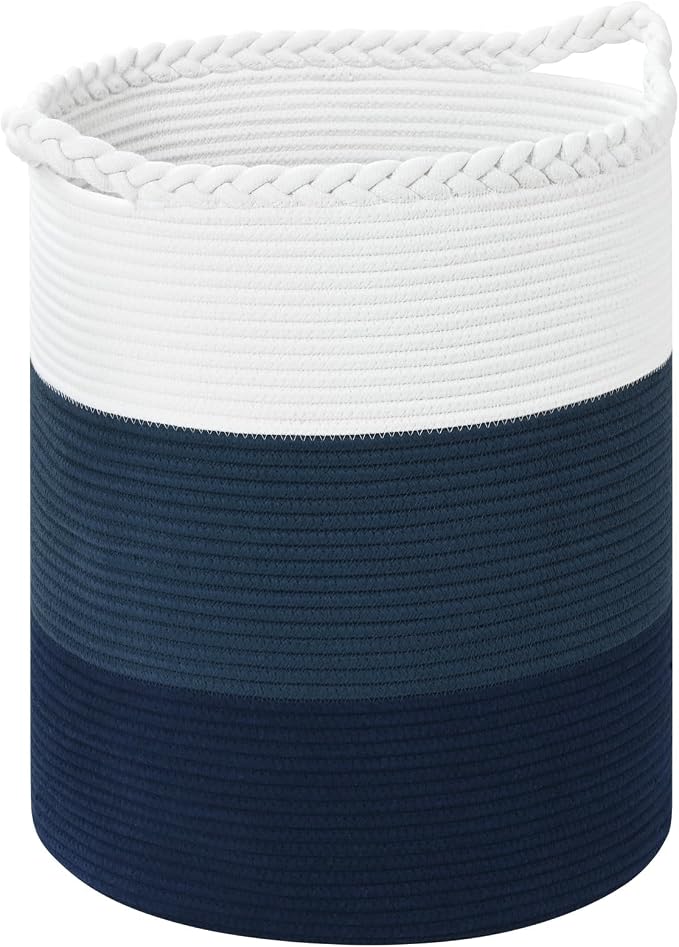 Laundry Hamper for Organizing, 52L Large Laundry Baskets, Cotton Rope Woven Blanket Basket, Collapsible Laundry Hamper for Living Room, Nursery, 15"×18", Dark Blue by Degeyoyo