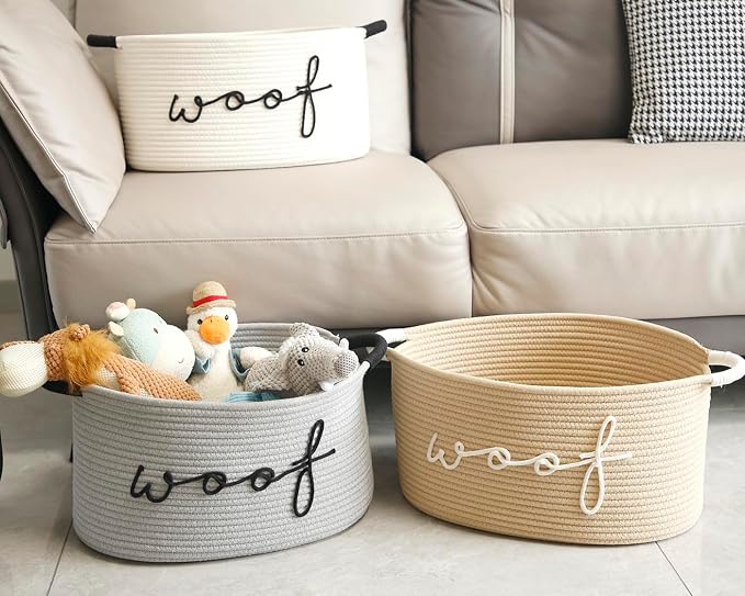 Woof Dog Basket - Cotton Rope Pet Storage Bin With Durable Handles, Large Toy Organizer for Puppies, Perfect for Chew Toys, Blankets and Leashes - Image 6