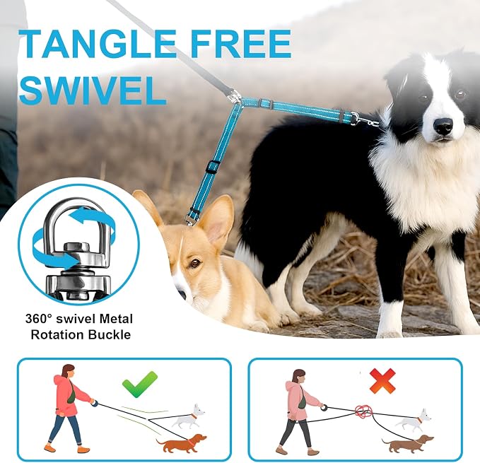 MingXpet Double Dog Leash for Two Dogs, No Pull Dog Leash, 360° Swivel No Tangle for Small Dogs Walking & Training, Shock Absorbing Reflective Bungee, Blue - Image 4