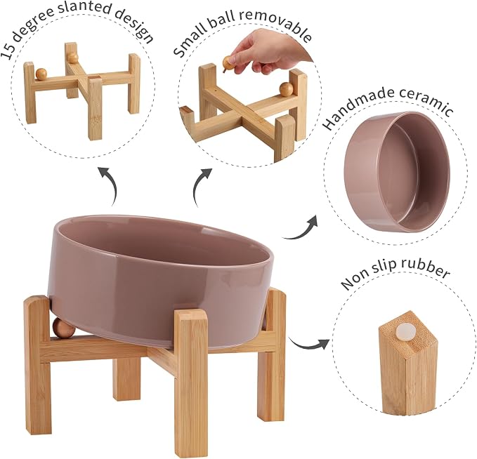 Khaki Elevated/Raised 15°Tilted Anti Slip Ceramic Dog Bowl for Medium & Large Breeds,Slanted Bulldog Big Face Pet Feeding Food Water Dish Stand for Dogs (7.6 Cups/60OZ) - Image 5