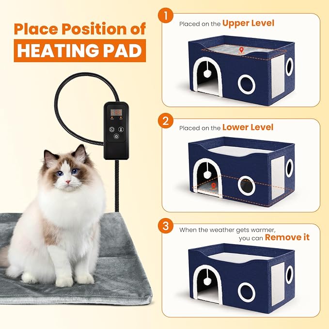 Indoor Heated Cat House, Adjustable Temperature Cat Heating Bed with Timer and Chew Resistant Cord, Large Cat House with Heating Pad for Small Medium and Large Cats - Image 7