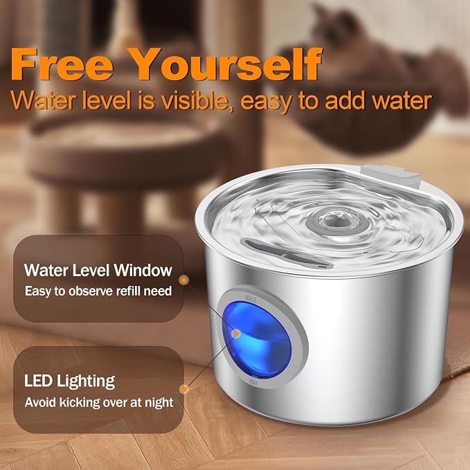Cat Water Fountain Advanced 304 Stainless Steel 2.2L/74oz with 3-Pack Replaceable Filters, Detachable Tank, Easy to Clean, Automatic Pet Fountain Quiet Cats Water Dispenser, Dogs - Image 4