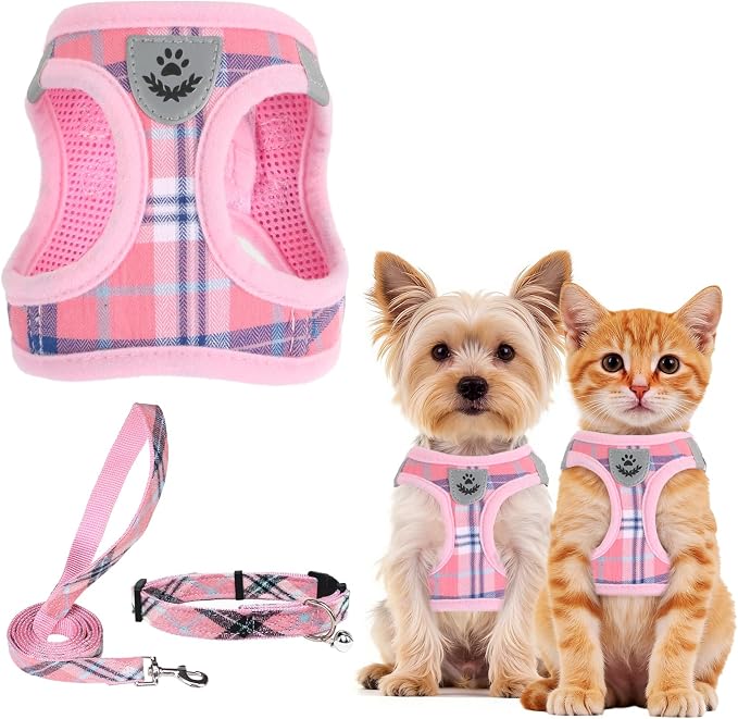 PUPTECK Dog Harness, Collar and Leash Set No Pull for Small Medium Sized | Plaid Puppy Step-in Escape Proof Reflective No Choke Pet Cat Adjustable Walking Vest by PUPTECK