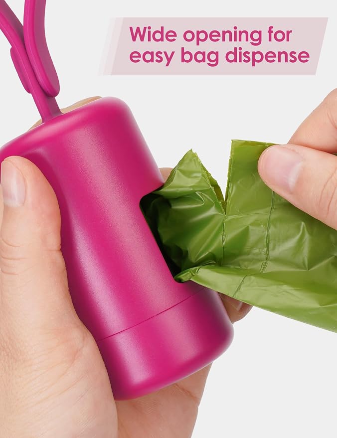 Gobeigo Dog Poop Bag Holder with Convenient Hook for Waste Bags(Hot Pink) | Silicone Strap Fits Any Leash, Large Opening for Easy Dispensing with 1 Bonus Roll of Waste Bags - Image 5