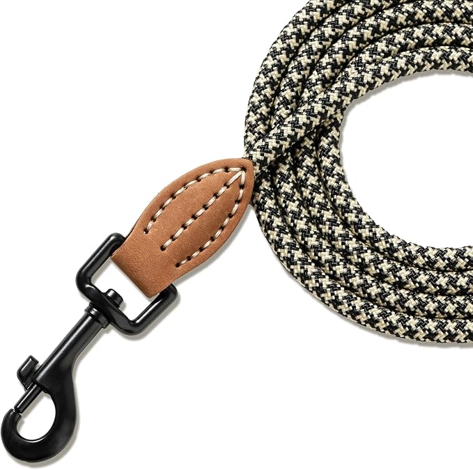 Mile High Life Dog Leash with Genuine Leather-Wrapped Ends, 4/5/6FT | Tangle-Free 360° Swivel Clasp Heavy Duty Rope Leash | Small Medium Large Dogs | Daily Walking (Black Khaki, 72 Inch, 1/3") - Image 8