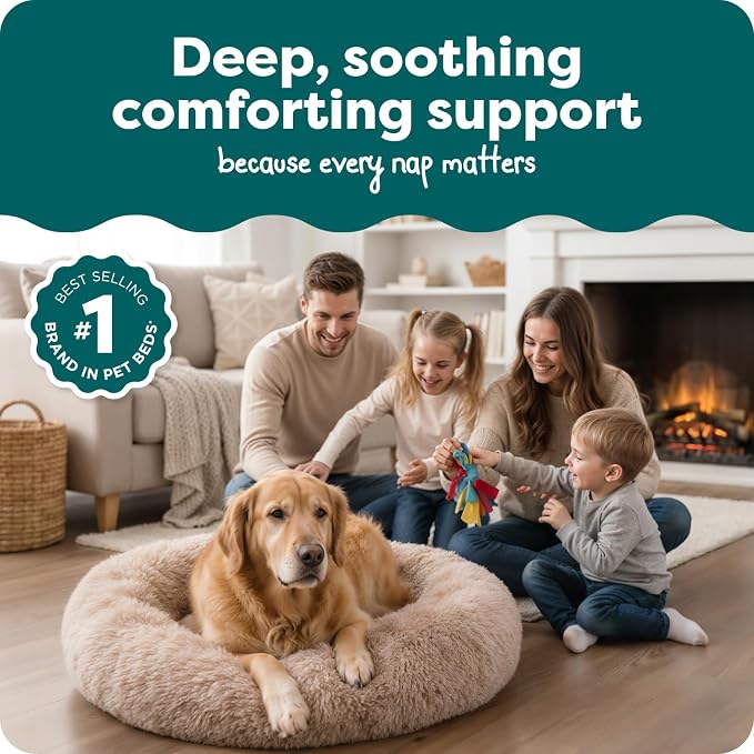 Furhaven 45" Round Calming Donut Dog Bed for Large Dogs, Refillable w/ Removable Washable Cover, For Dogs Up to 90 lbs - Shaggy Plush Long Faux Fur Donut Bed - Taupe, Jumbo/XL - Image 2
